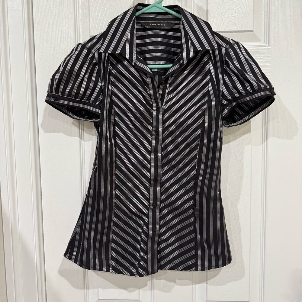 Zara black metallic button down shirt
